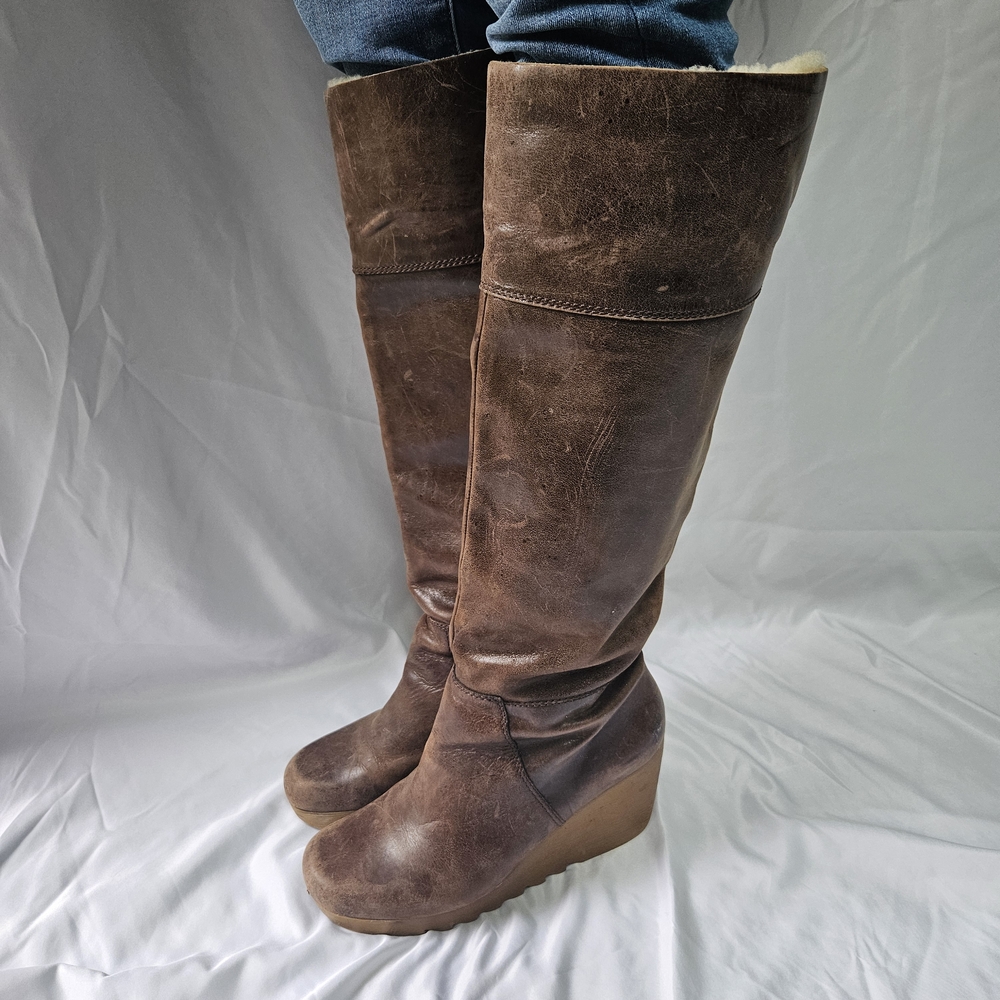 Michael Kors Dark Brown Leather and Shearling Wedge Boots